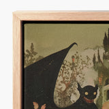 Framed Canvas Print Whimsical Black Creature Yellow Eyes Creepy Cute Demon, Pastel Goth Priory, Lush Shadows