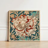 Square-framed Textile Artwork Detailed Floral Design Cream Red William Morris’s Artistry, Honeysuckle Print, Morris Arts