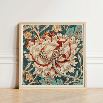 Framed Textile Artwork Detailed Floral Design Cream Red William Morris’s Artistry, Honeysuckle Print, Morris Arts