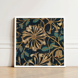 Framed Art Print Intricate Floral Pattern Gold Teal William Morris, Honeysuckle, Victorian Elegance