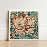 Framed Artwork Detailed Stylized Floral Design Cream Red William Morris’s Artistry, Honeysuckle Print, Morris Arts