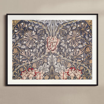 Honeysuckle - William Morris Floral Art Print / Canvas Framed Wallpaper Pattern Symmetrical Pink Roses Gray Morris’s Botanical, Wonderland,