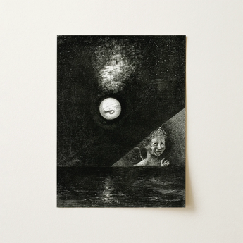 Black White Etched Artwork Child Water Beneath Moon Art Print, Odilon Redon, Dark Sky, Questioning Glance