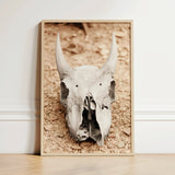 Framed Photographic Print Weathered Off-white Animal Skull Prominent Horned Art, Bleached Bone Rises, Ancient Questions Left