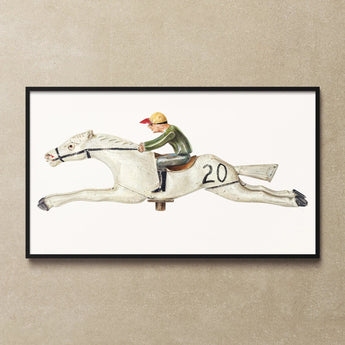 Horse and Jockey - Palmyra Pimentel Equestrian Art Print / Canvas Framed Artwork Stylized White Racehorse Jockey Palmyra Pimentel