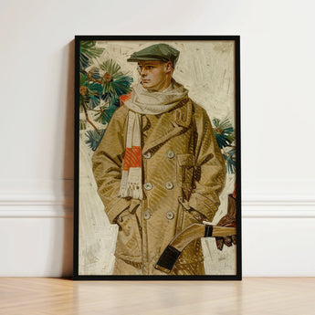 Framed Vintage-style Painting Man Tan Coat Green Cap Joseph Christian Leyendecker, Created, Kuppenheimer Ad Illustration, Artist’s