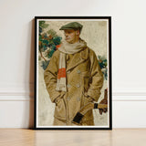 Framed Vintage-style Painting Man Green Cap Beige Coat Joseph Christian Leyendecker, Created, Kuppenheimer Ad Illustration, Artist’s