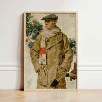 Framed Vintage-style Painting Young Man Tan Coat Green Joseph Christian Leyendecker, Created, Kuppenheimer Ad Illustration, Artist’s