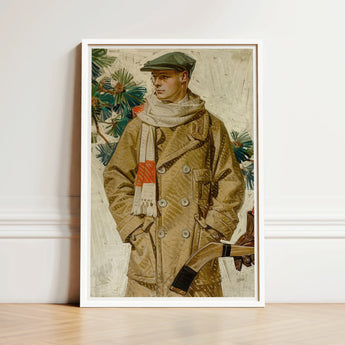 Framed Vintage-style Illustration Man Tan Coat Green Cap Joseph Christian Leyendecker, Created, Kuppenheimer Ad, Artist’s Idealized
