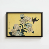 Black-framed Artwork Traditional Japanese-style Illustration White Hydrangeas Swallow Ukiyo-e Woodblock Print, Mesmerizing, Intertwines