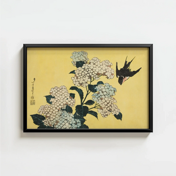 Black-framed Artwork Traditional Japanese-style Illustration White Hydrangeas Swallow Ukiyo-e Woodblock Print, Mesmerizing, Intertwines