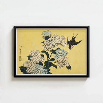 Black-framed Print Traditional Japanese-style Illustration White Hydrangeas Swallow Ukiyo-e Woodblock, Mesmerizing, Intertwines Botanical