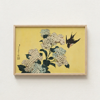 Framed Japanese-style Print Delicate White Hydrangeas Black Swallow Ukiyo-e Woodblock, Mesmerizing, Intertwines Botanical Splendor