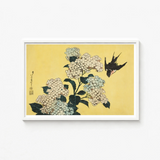 Framed Japanese Woodblock Print Delicate White Hydrangea Blossoms Ukiyo-e, Mesmerizing, Intertwines Botanical Splendor