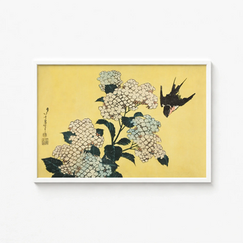 Framed Japanese Woodblock Print Delicate White Hydrangeas Dark Ukiyo-e, Mesmerizing, Intertwines Botanical Splendor