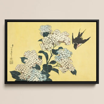 Hydrangea & Swallow - Hokusai Ukiyo-e Woodblock Art Print / Canvas, 18x12’’ / 46x31cm / Black Frame, Posters Prints Visual Artwork, Toby