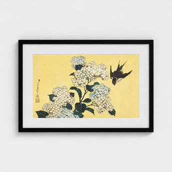 Hydrangea & Swallow - Hokusai Ukiyo-e Woodblock Art Print / Canvas Framed Japanese Delicate White Hydrangeas Black, Mesmerizing,