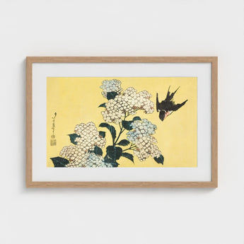 Hydrangea & Swallow - Hokusai Ukiyo-e Woodblock Art Print / Canvas Framed Japanese White Hydrangeas Black, Mesmerizing, Intertwines