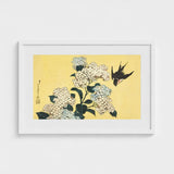 Hydrangea & Swallow - Hokusai Ukiyo-e Woodblock Art Print / Canvas Framed Japanese Delicate White Hydrangeas Black, Mesmerizing,