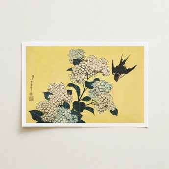 Hydrangea & Swallow - Hokusai Ukiyo-e Woodblock Art Print / Canvas Framed Japanese Delicate White Hydrangeas Dark, Mesmerizing, Intertwines