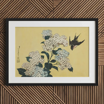 Hydrangea & Swallow - Hokusai Ukiyo-e Woodblock Art Print / Canvas Black-framed Artwork Delicate White Hydrangeas Pale, Mesmerizing,