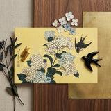 Hydrangea & Swallow - Hokusai Ukiyo-e Woodblock Art Print / Canvas Delicate Yellow Card Detailed Illustration Hydrangeas Swallowbirds Black