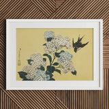 Hydrangea & Swallow - Hokusai Ukiyo-e Woodblock Art Print / Canvas Framed Japanese Delicate White Hydrangeas Black, Mesmerizing,