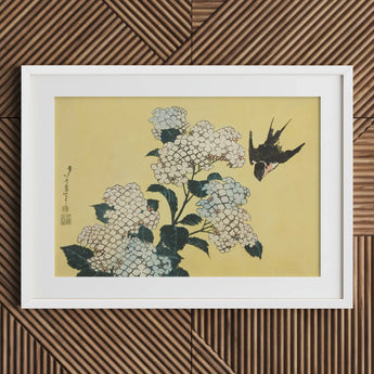 Hydrangea & Swallow - Hokusai Ukiyo-e Woodblock Art Print / Canvas Framed Japanese Delicate White Hydrangeas Black, Mesmerizing,