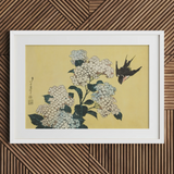 Hydrangea & Swallow - Hokusai Ukiyo-e Woodblock Art Print / Canvas Framed Japanese Woodblock Print Delicate White Hydrangeas Black Ukiyo-e