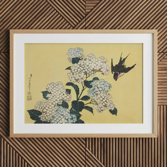Hydrangea & Swallow - Hokusai Ukiyo-e Woodblock Art Print / Canvas Framed Japanese Delicate White Hydrangeas Black, Mesmerizing,