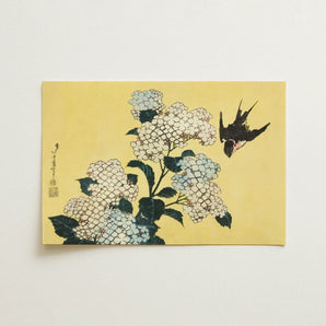Hydrangea & Swallow - Hokusai Ukiyo-e Woodblock Art Print / Canvas Traditional Japanese Delicate White Blossoms, Mesmerizing, Intertwines