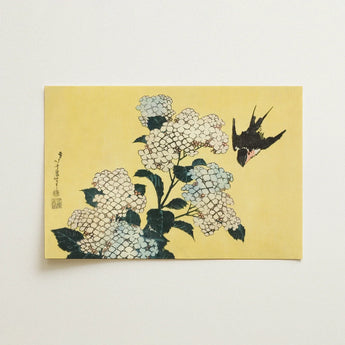 Hydrangea & Swallow - Hokusai Ukiyo-e Woodblock Art Print / Canvas Traditional Japanese Delicate White Blossoms, Mesmerizing, Intertwines