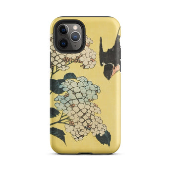 Hydrangea & Swallow - Hokusai Woodblock Art Iphone Case, 11 Pro / Matte, Yellow Phone Case Floral Design