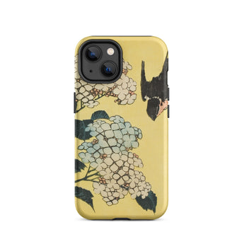 Hydrangea & Swallow - Hokusai Woodblock Art Iphone Case, 14 / Matte, Yellow Phone Case Floral Bird Design