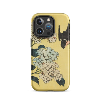 Hydrangea & Swallow - Hokusai Woodblock Art Iphone Case, 16 Pro / Matte, Yellow Phone Case Floral Bird Design