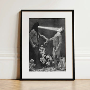 Hypnosis - Sascha Schneider Art Print / Canvas Black-framed Artwork Monochrome Illustration Two Figures Allegorical Scene Hypnotist Exudes