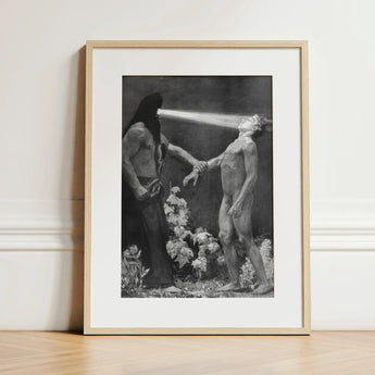 Hypnosis - Sascha Schneider Art Print / Canvas Black-and-white Framed Artwork Two Figures Dramatic Scene Enclosed Hypnotist Exudes