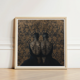 Square-framed Artwork Two Dark Silhouetted Figures Intricate Lace-like Yoruba Ibeji Meeting, Victorian Twins Art, Matched Reliquaries
