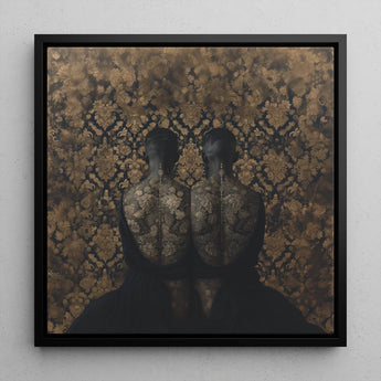 Ibeji - Black Gay Victorian Twins Art Print / Canvas Black-framed Artwork Two Silhouetted Figures Intricate Gold Dark Yoruba Meeting,