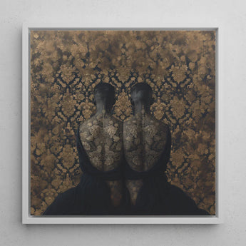 Ibeji - Black Gay Victorian Twins Art Print / Canvas Square-framed Artwork Two Dark Silhouetted Figures Intricate Gold Yoruba Meeting,