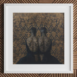 Ibeji - Black Gay Victorian Twins Art Print / Canvas White Framed Floral Tapestry Wall Two Silhouetted Yoruba Meeting, Matched Reliquaries