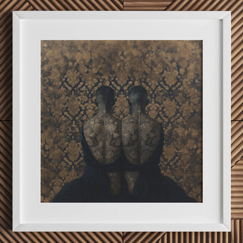 Ibeji - Black Gay Victorian Twins Art Print / Canvas White Framed Floral Tapestry Wall Two Silhouetted Yoruba Meeting, Matched Reliquaries