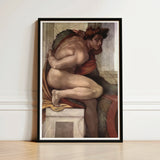 Ignudo - Michelangelo Divine Male Art Print / Canvas Black-framed Classical Painting Muscular Nude, Olive Drapery Spill, Torso Wrenched