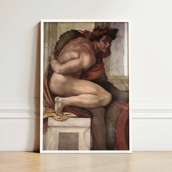 Ignudo - Michelangelo Divine Male Art Print / Canvas White-framed Michelangelo’s Creation Adam Muscular Nude Figure, Olive Drapery Spill,