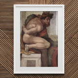 Ignudo - Michelangelo Divine Male Art Print / Canvas White Framed Michelangelo’s Creation Adam, Olive Drapery Spill, Torso Wrenched Prints