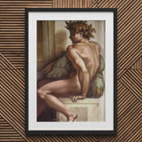 Ignudo - Michelangelo Drunkenness of Noah Art Print / Canvas Black Framed Nude Male Portrait White Textured, Caramelized Thunder, Myth