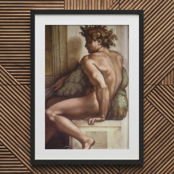 Ignudo - Michelangelo Drunkenness of Noah Art Print / Canvas Black Framed Nude Male Portrait White Textured, Caramelized Thunder, Myth