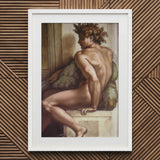 Ignudo - Michelangelo Drunkenness of Noah Art Print / Canvas White Framed Nude Male Figure Laurel, Caramelized Thunder, Myth Refuses Prints