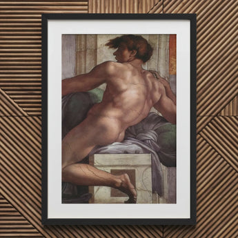 Ignudo - Michelangelo Male Nude Fresco Art Print / Canvas Black-framed Classical Painting Figure, Forbidden Thought, Prints
