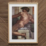 Ignudo - Michelangelo Male Nude Fresco Art Print / Canvas Framed Reproduction Michelangelo’s David Light Wood Frame White, Forbidden